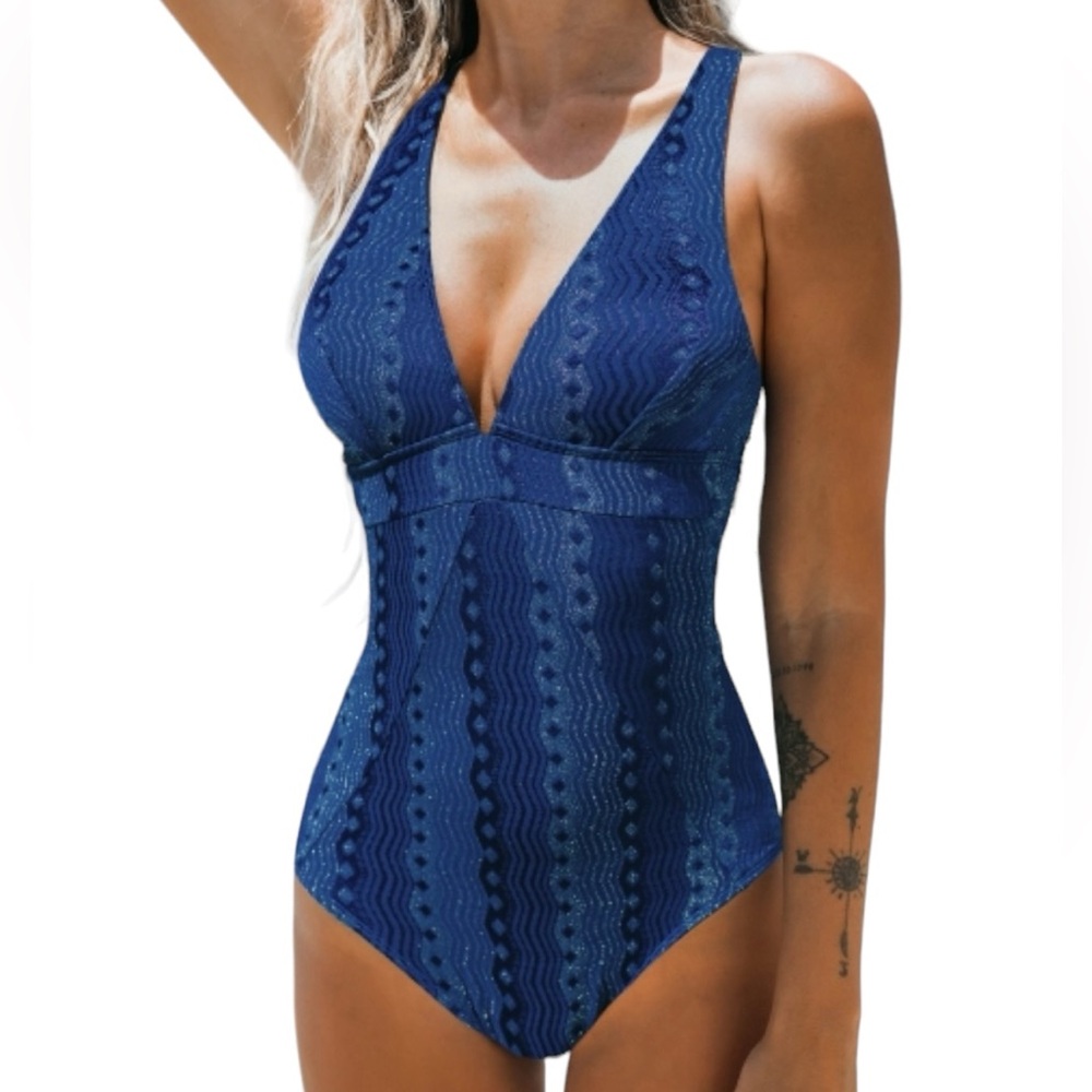 CUPSHE women’s blue one piece high cut V front cross back swimsuit size S NWT